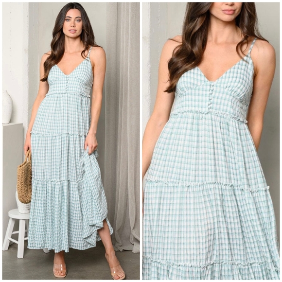Mint Choco Dresses & Skirts - Mint Choco Light Teal Plaid Tiered Maxi Dress